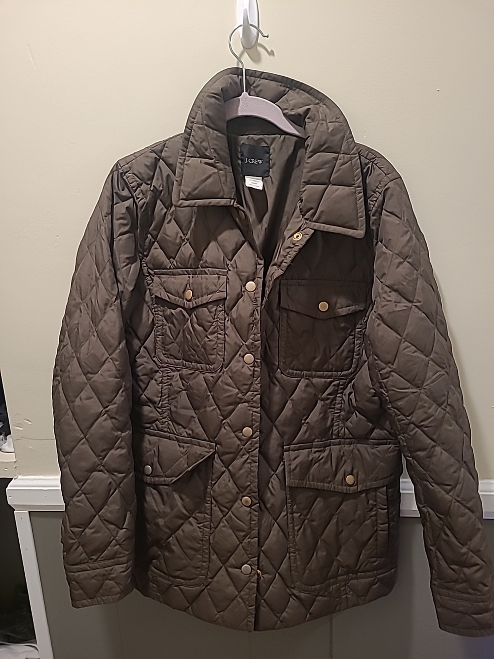 J Crew Womens Quilted Puffer Jacket Olive Size Large Excellent Condition